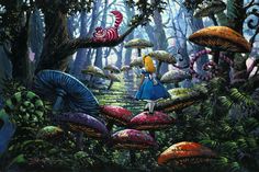 a painting of alice in the forest with mushrooms