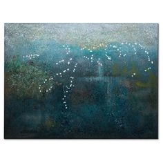 an abstract painting with white dots on blue and green paint, in the middle of water