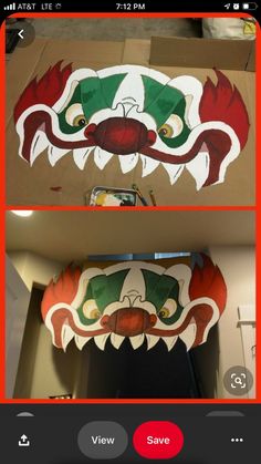 two pictures of an animal mask on cardboard