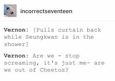 an image of someone's text message on their cell phone that says, veron pulls curtain back while seungnan is in the shower