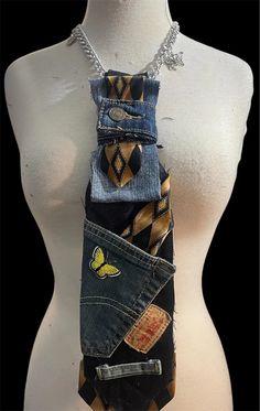 Handmade Denim & Necktie Statement Necklace Upcycled Fashion Unique Accessories the Vest is Not Included - Etsy Necktie Belt, Clothes Makeover, Future Clothing, Necktie Pattern, Fancy Tie, Denim Party, Handmade Statement Necklace, Jacket Ideas, Decatur Ga