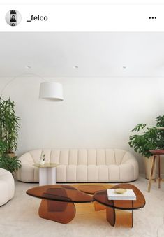 a living room filled with furniture and potted plants on top of it's sides