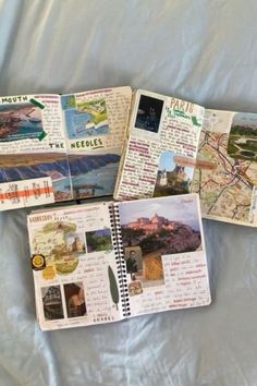 three notebooks with pictures and words on them