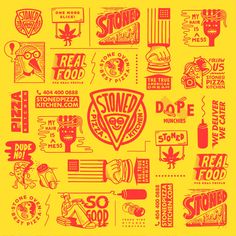 various logos and stickers on a yellow background with the words real food written in red