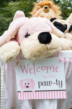 two stuffed animals sitting on top of a sign that says welcome to the paw -ty