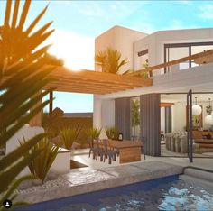 an artist's rendering of a modern house with pool and outdoor furniture in the foreground