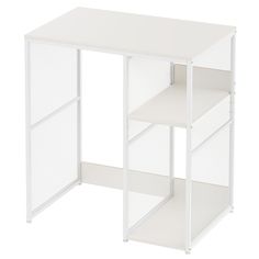 a white computer desk with mesh shelves