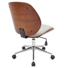 an office chair with wheels and a wooden seat