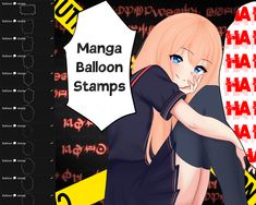 a girl with blonde hair and blue eyes is standing in front of a sign that says mango balloon stamps