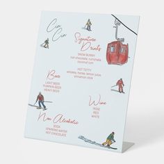 a card with an image of people skiing and snowboarding on the slopes, including a red ski lift