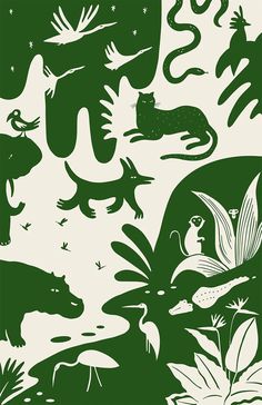 an image of animals and plants in the wild with stars on their backs, green