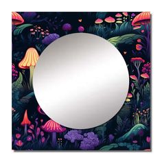 a round mirror sitting in the middle of a forest filled with lots of flowers and mushrooms