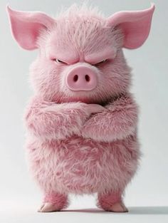 a pink pig is standing with its arms crossed