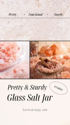 an advertisement for a glass salt jar with images of different items in it and the words, prety & study class salt jar