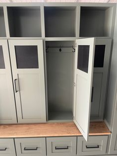 an empty closet with several doors and drawers