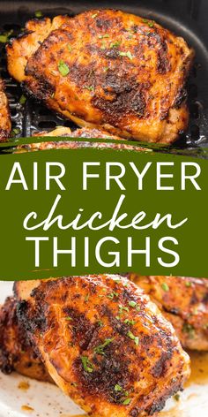 air fryer chicken thighs on a plate with text overlay that reads, air fryer chicken thighs