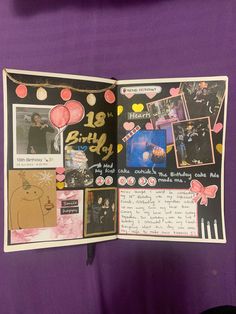 an open scrapbook with pictures and words on it in front of a purple background