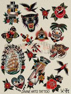 an assortment of tattoo designs on paper