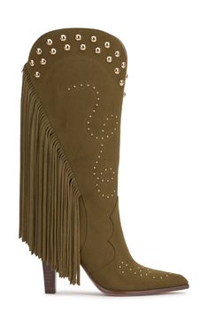 Polished studs and swingy fringe add statement-making elements to a charming Western boot balanced by a pointy toe and stacked heel. 3 1/2" heel 10 1/4" shaft; 14" calf circumference Pull-on style Textile upper/synthetic lining/rubber sole Imported Western Boots Women, Fringe Boots, Western Boot, Stacked Heel, Western Boots, Jessica Simpson, Faux Suede, Olive Green, Rubber Sole