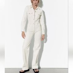 New Zara White Denim Jumpsuit Long Sleeves Straight Wide Leg Women's Size M Long Sleeves Lapel Collar Jumpsuit With Side And Back Patch Pockets, Front Metal Button Closure 100% Cotton Oyster White Questions? Leave A Comment Below! Chic Straight Leg Jumpsuit For Spring, Casual White Overall Jumpsuits And Rompers, White Casual Overalls And Rompers, Casual White Jumpsuits And Overalls, Trendy White Relaxed Fit Jumpsuits And Rompers, Chic Long Sleeve Overalls For Spring, Chic Fitted White Overalls, White Overalls Jumpsuit With Pockets, Chic Straight Leg Overalls For Spring