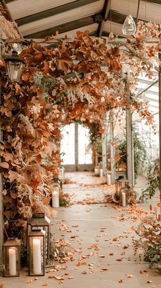 the walkway is covered with leaves and lanterns