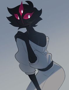 an animated black cat with red eyes and dark hair standing in front of a gray background