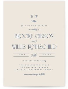 a wedding card with the words, brooke gibson and willis rohschild on it