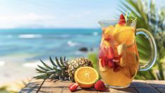 a pitcher filled with fruit sitting on top of a wooden table next to the ocean