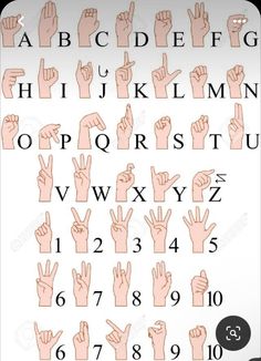 the alphabet and numbers with hands in different positions, all written in pink on a white background