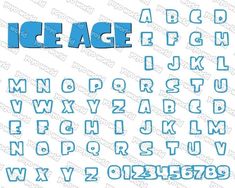 an ice age font and numbers sticker set on a white background with blue letters