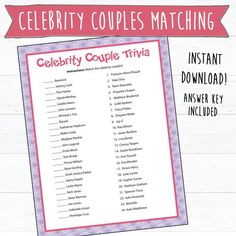 the celebrity couples matching game is shown in pink and purple with an ornate border around it