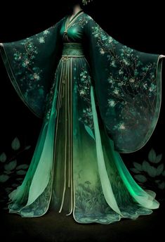 Green Hanfu, Hanfu Art, Dress Drawing, Anime Dress, Pretty Prom Dresses