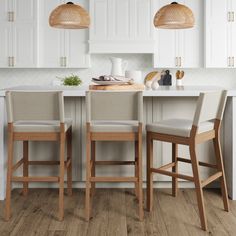 two wooden stools sit at the center of a kitchen island