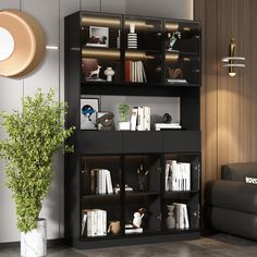 a living room with a black bookcase and some plants