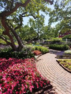 a brick pathway surrounded by flowers and trees