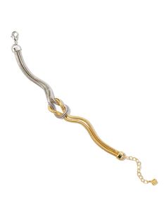 With its texture, dimension, and classic love knot design, the Annie Chain Bracelet in Mixed Metal checks all our boxes for a wrist stack staple. Two snake chains of 14k gold over brass and rhodium over brass are interwoven to create a symbol of love and unity for a subtly sentimental style. Trendsetting yet timeless, this bracelet is the staple you’ll style again and again. Metal 14k Yellow Gold Over Brass, Rhodium Over Brass Closure Lobster Clasp Size 6.5" Chain With 1.5" Extender, 0.80"L X 0. Gold And Silver Jewelry Together Mixed Metals, Cape Cod Bracelet, Wrist Stack, Mixed Metal Bracelets, Wrist Stacks, Classic Love, Mixed Metal Jewelry, Closet Door, Knot Design