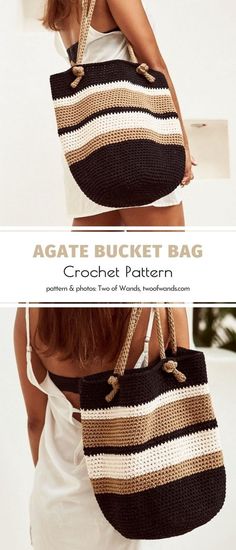 a woman carrying a crochet bag with the words, agate bucket bag