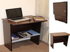 a laptop computer sitting on top of a wooden desk next to a book shelf with books