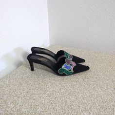 Nwot Gianni Versace Black Suede Multicolored Rhinestone Heeled Mule In Size 35. Heel Is 2.5". Elegant Multicolor Rhinestone Heels, Multicolor Embellished Heels For Formal Occasions, Elegant Multicolor Embellished Heels, Heeled Mule, Versace Shoes, Rhinestone Heels, Gianni Versace, Mule Clogs, Mules Shoes