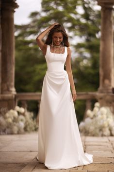 Elegant Ivory Satin Wedding Dress with Square Neck Accentuated Waist and Extended Train Plus Size - WonderlandByLilian Ivory Satin Wedding Dress, Victorian Style Wedding Dress, Victorian Style Wedding, Dress With Square Neck, Nontraditional Wedding Dress, Antoinette Dress, Queen Dress, Satin Wedding Dress