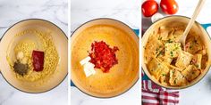 three pictures showing how to make an enchilada with tomatoes, cheese and seasoning