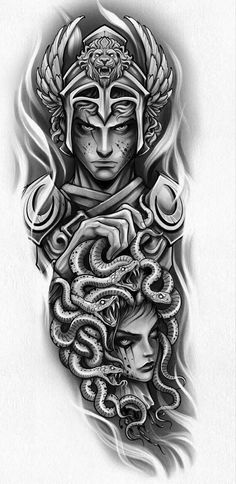 an artistic tattoo design with a woman's face and dragon on it, in black and