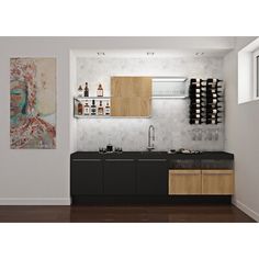 a kitchen with an art work hanging on the wall and wine rack in the corner