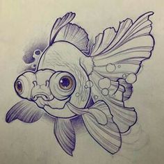 a drawing of a goldfish with bubbles in it's eyes and an eyeball