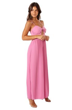 Pleated wide legs give the illusion of a flowy skirt in this romantic georgette jumpsuit fashioned with a flirty front cutout and slender straps. Hidden back-zip closure Sweetheart neck Adjustable straps Lined 100% polyester Hand wash, dry flat Imported Elegant Spaghetti Strap Jumpsuits And Rompers For Spring, Summer Date Night Maxi Dress With Lined Bodice, Evening Maxi Dress With Knotted Straps, Summer Pink Maxi Dress With Lined Bodice, Pink Maxi Dress With Lined Bodice For Summer, Pink Lined Bodice Maxi Dress For Summer, Flirty Sleeveless Jumpsuits And Rompers For Evening, Flirty Sleeveless Jumpsuits For Evening, Flirty Sleeveless Evening Jumpsuits And Rompers