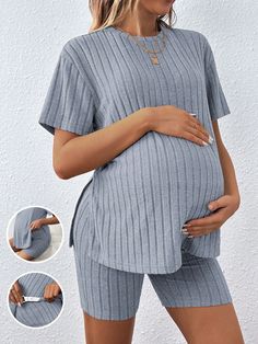 Women's Casual Loose Fit Round Neck T-Shirt With Adjustable Elastic Waist Shorts, Maternity Outfit Violet Purple Casual    Plain  Slight Stretch  Maternity Clothing, size features are:Bust: ,Length: ,Sleeve Length: Pregnant Outfit Ideas, Maternity Fits, Stylish Mom Outfits, Maternity Pajama Set, Maternity Two Piece, Pregnant Outfit, Pregnancy Ideas, Shein Maternity, Maternity Pajamas