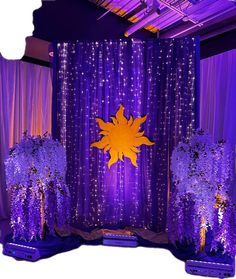 an image of a stage set up with purple lights and flowers on the side wall