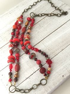 Boho Jewelry Red Bead and Chain Necklace, Womens Necklace, Jewelry, Bronze Chain Multistrand Necklace, Chilie Pepper Red Necklace, Bronze Chain Necklace, Valentine Necklace, Red Valentine, Dainty Diamond Necklace, Swirl Earrings, Red Necklace, Spring Jewelry, Dainty Gold Necklace, Necklace Red