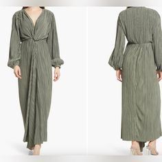 4si3nna Plisse Dress Green Long Sleeve Textured Maxi Dress With Deep V-Neck And Front Knot Detail Size L Never Worn Chic V-neck Maxi Dress For Date Night, Pleated V-neck Maxi Dress For Brunch, V-neck Pleated Maxi Dress For Brunch, Spring V-neck Maxi Dress For Date Night, Dressy V-neck Dress For Night Out In Spring, Chic Flowy V-neck Dress For Brunch, Green Maxi Dress With Surplice Neckline For Date Night, Flowy V-neck Maxi Dress For Night Out, Flowy V-neck Midi Dress For Night Out