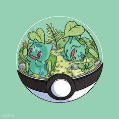 two pokemons in a glass bowl with plants on the bottom and one is sitting down